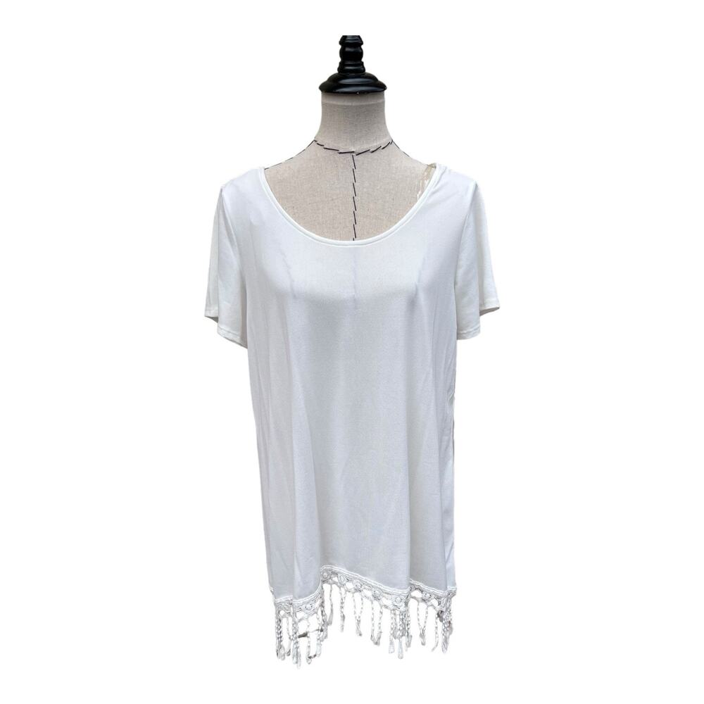 B Design Blouse Sz L White Cream‎ Sheer Short Sleeve PeekABoo Back Lace Trim NWT